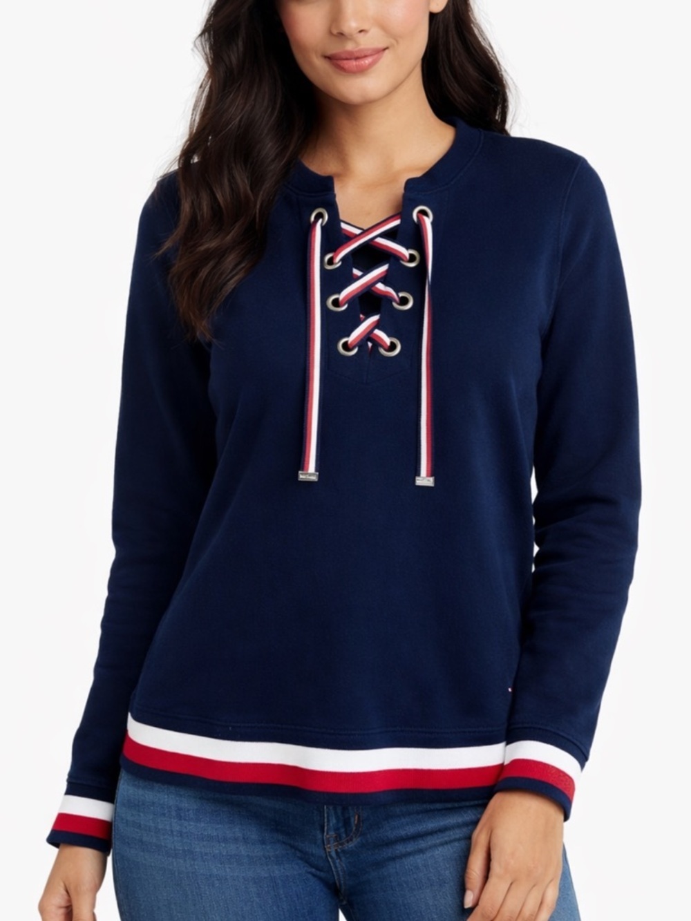 Vintage TOMMY HILFIGER Lace Up‎ Red, White, Blue Banded Pullover Sweatshirt (S)